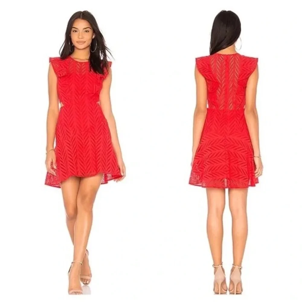 Bardot Kira Red Eyelet Ruffle Dress Size 10/L - Picture 2 of 14